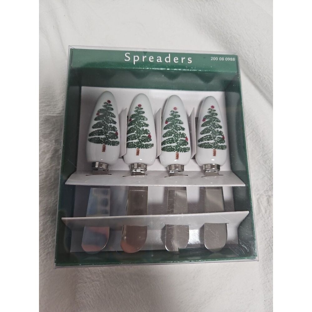 MIB 4 Boston Warehouse WHITE Ceramic Stainless SPREADERS knive Christmas‎ trees